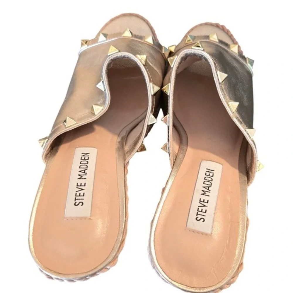 Steve Madden Gold Studded Espadrille‎ Wedge Mules Womens 7.5 Metallic Platform
